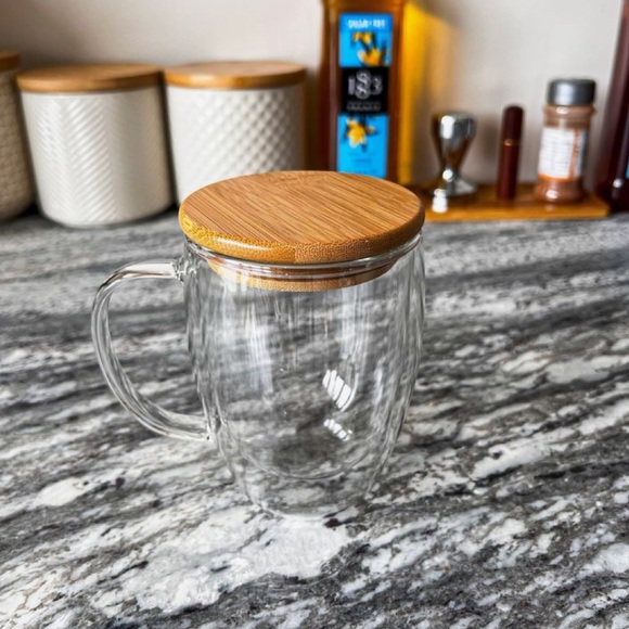 Double walled glass coffee mugs with bamboo lid - Picture 2 of 11